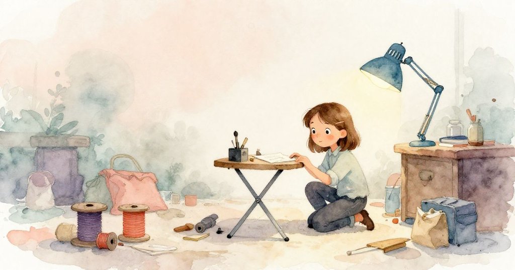 Ada在晨霧籠罩的工作室中蹲在金屬架旁，背景閃爍藍燈與工具雜亂，神情專注溫柔。