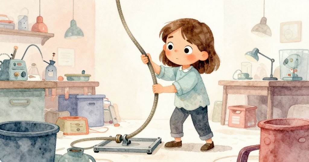 Ada正小心地將橡膠管穿入金屬架眼孔中，腳步在雜亂地板上留下清晰足跡，神情專注。