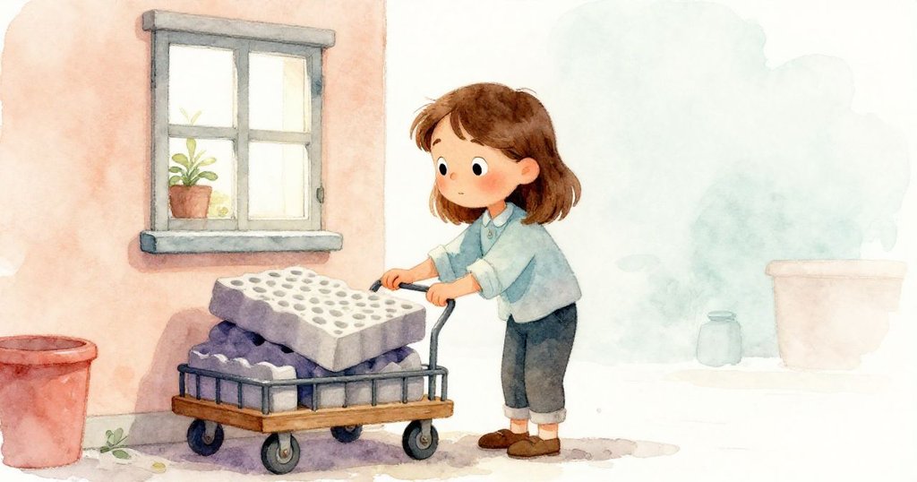 Ada從工作區移向窗邊的推車，注視側邊壓著的泡沫墊，自然光與溫暖室內感交織，神情好奇。