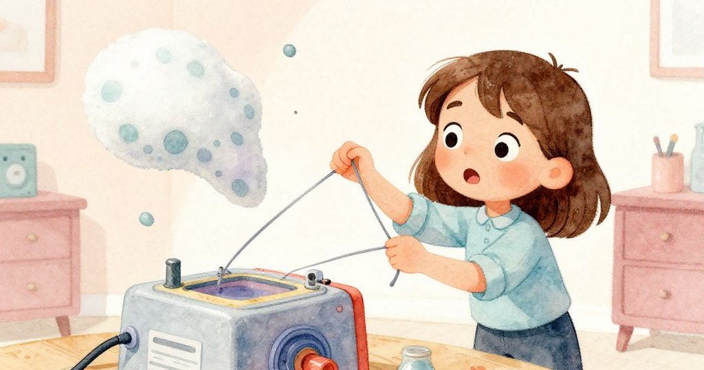 彈性帶斷裂瞬間，泡沫墊在空中飛舞，Ada驚訝凝視半成品裝置，室內氛圍瞬間緊張。