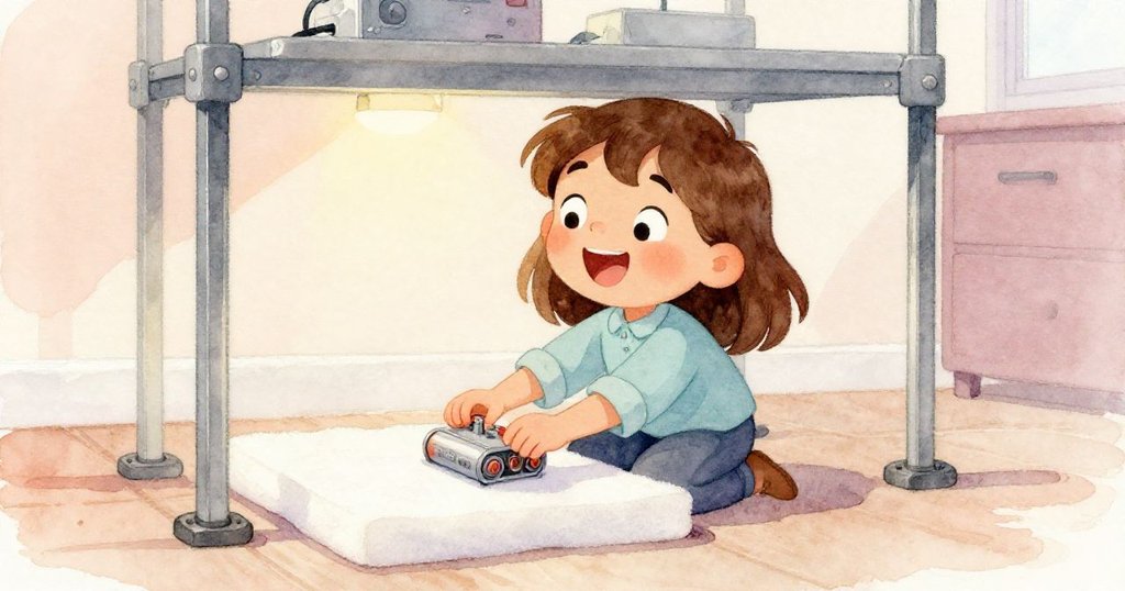 Ada滿臉笑容將電池置入重新調整的裝置下，泡沫墊穩固支撐，室內光影和諧，展現意外成功喜悅。