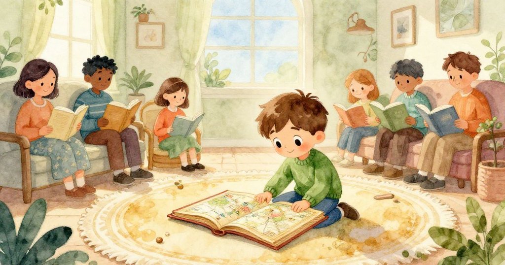 在暖色調閱讀室中，Quinn站在人群中好奇觸摸地上的厚重地圖，周遭有人閱讀，表情充滿期待。