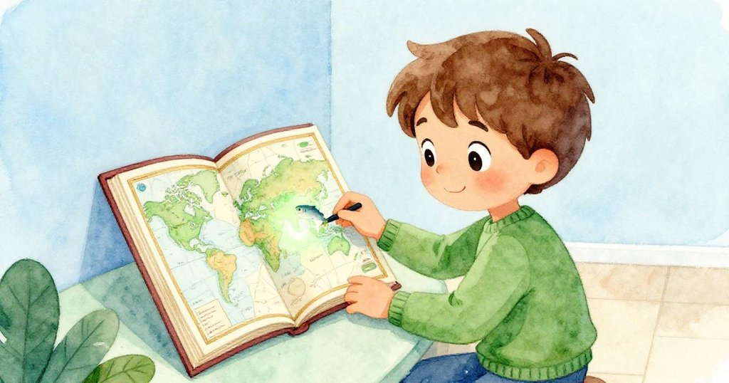 Quinn翻開地圖時發現頁間閃爍綠光，驚奇凝視，小銀魚悄然出現，層次分明。