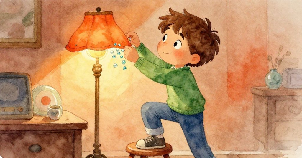 Quinn急切站上小凳子調整燈罩取出玻璃珠，背景中燈光漸暗和時鐘提示緊迫感。