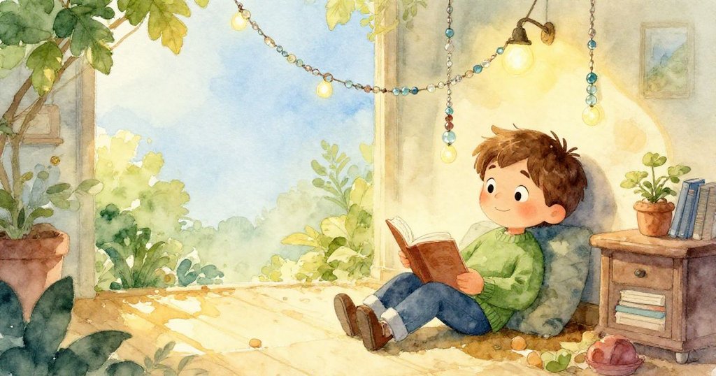 燈飾修復後，Quinn坐在安靜閱讀室中微笑休憩，燈光柔和，展現成就與寧靜的終點。