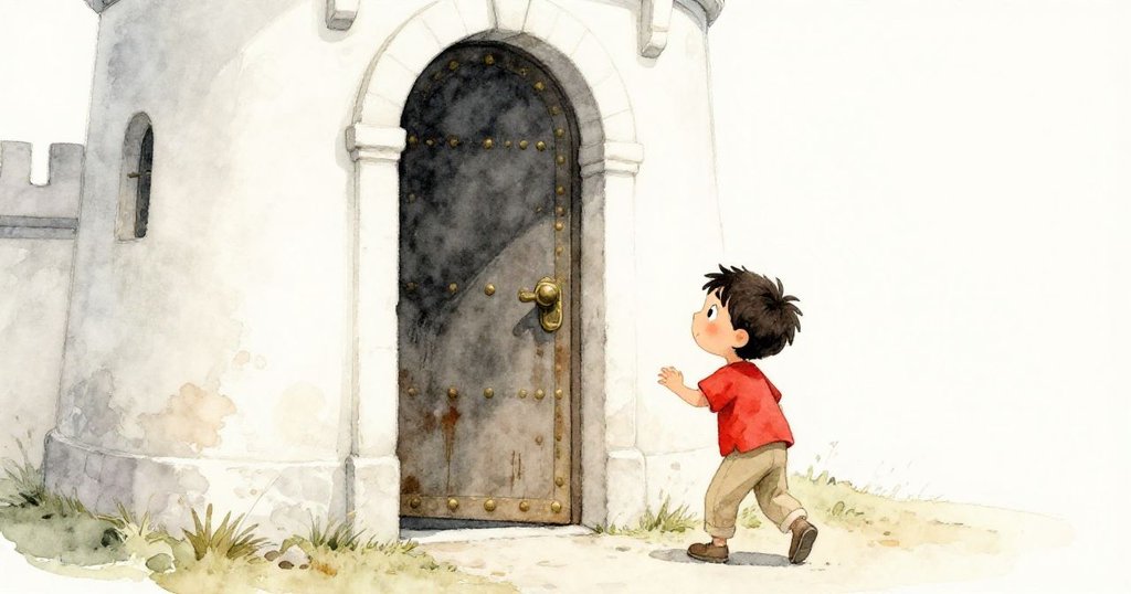 傑斯珀小心靠近塵封塔門，手握古老門把，油香混合舊漆與新油痕，他神情充滿好奇與期待。