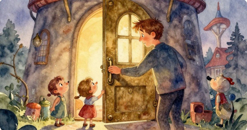 傑斯珀踏上古老橡木樓梯，腳步留痕，新刮痕映出近期活動，塵埃彌漫中透出探險情懷。