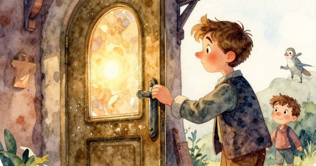 從低角度看見傑斯珀的手輕觸舊工作台邊緣，發現隱藏溝痕與散落松木齒輪，神情專注探索秘密。