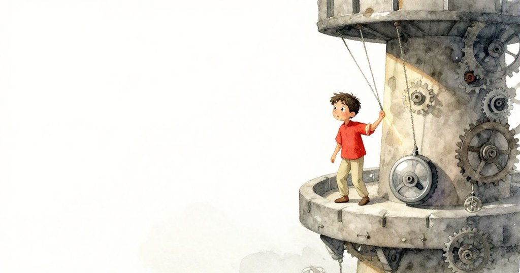 從高處俯瞰，傑斯珀於樓梯頂端凝視緩擺鐘擺與齒輪，新金光劃過紅袖，神情中滿含驚奇與沉思。