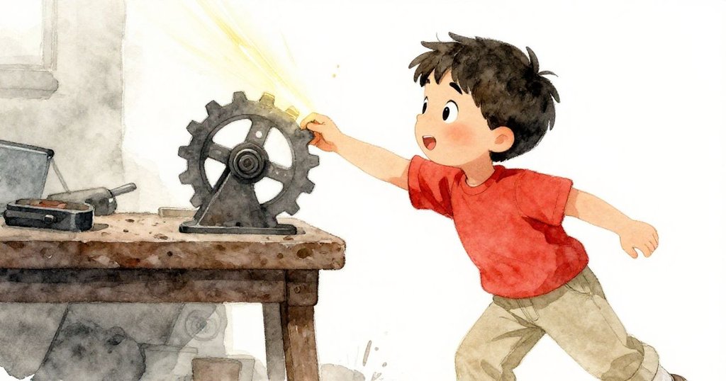 傑斯珀迅速伸手提起精巧松木齒輪，紅袖映出金光，他動作中充滿驚喜與探索活力。