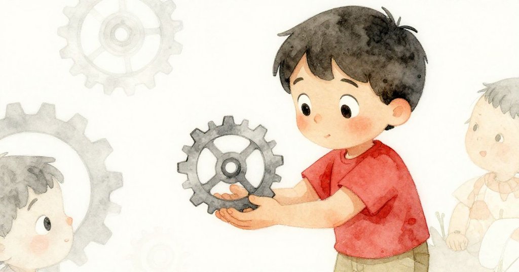 傑斯珀專注溫柔地捧著松木齒輪，細節粗糙卻蘊含故事，眼中流露出深深驚奇與寧靜。