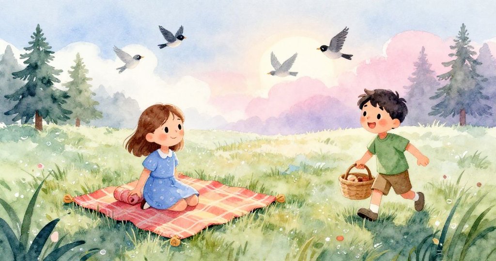 皮婭在晨曦中展開彩色野餐毯，盧克提著食物籃走向綠草地，鳥兒在天上飛翔，露出愉悅笑容。