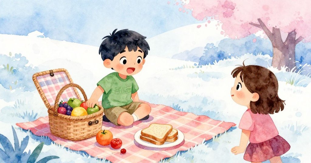 盧克興奮地打開野餐籃，露出豐富美食，皮婭好奇地觀看，晨光映照在彩色野餐毯上，場景生動歡快。