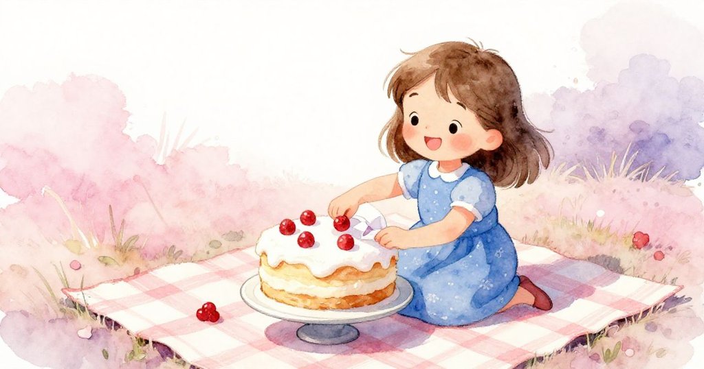 皮婭從斜角解開蛋糕包裝，展現紅莓點綴的蛋糕，她滿臉驚喜與期待，野餐毯上背景柔和呈現。