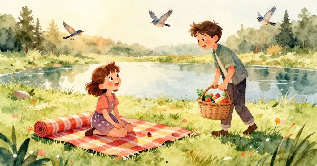 突然風起，紙盤撞擊酒壺釋放橙汁，橙汁在野餐毯上迅速流動，場面充滿驚奇與動感。