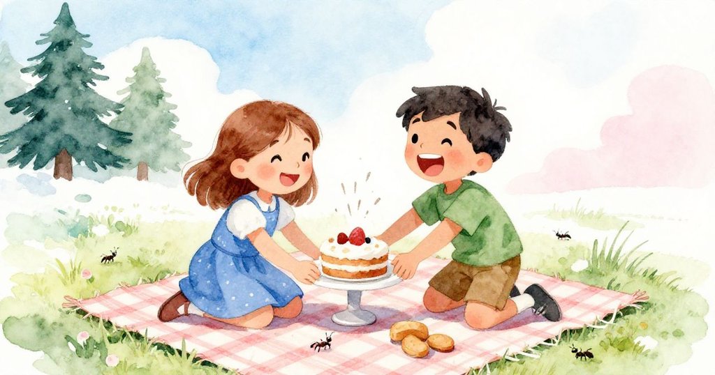 盧克急忙扶正蛋糕架，皮婭開懷大笑，野餐毯上小螞蟻四散，兩人動作活潑表情生動，氣氛歡樂。