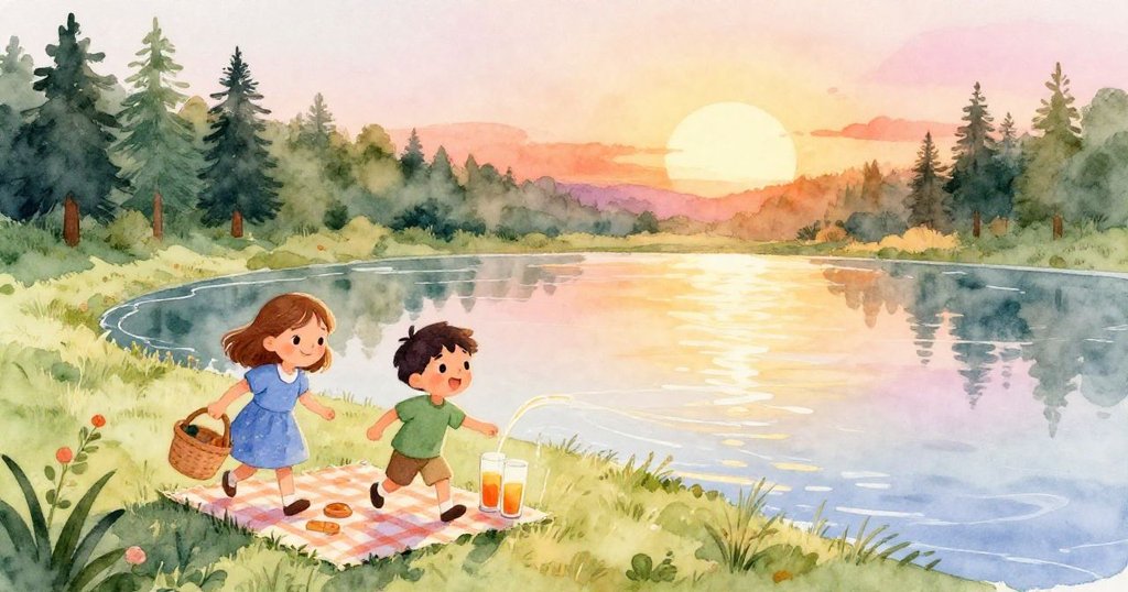 夕陽映照下，皮婭與盧克將野餐籃移至安全處，橙汁緩緩流向寧靜池塘，結局溫馨平和。