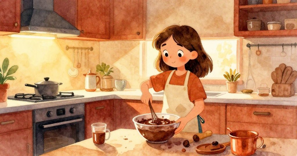 菲伊在早晨溫暖的廚房中用心攪拌巧克力麵糊,她臉上流露著專注和期待,光線柔和灑落在瓷磚上。