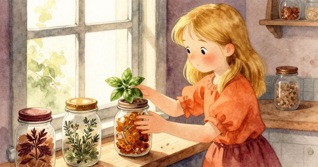 露比在窗邊仔細打理裝滿乾羅勒的瓶子,輕輕旋開瓶蓋並搖動,光線明亮照在她專注的臉龐上。