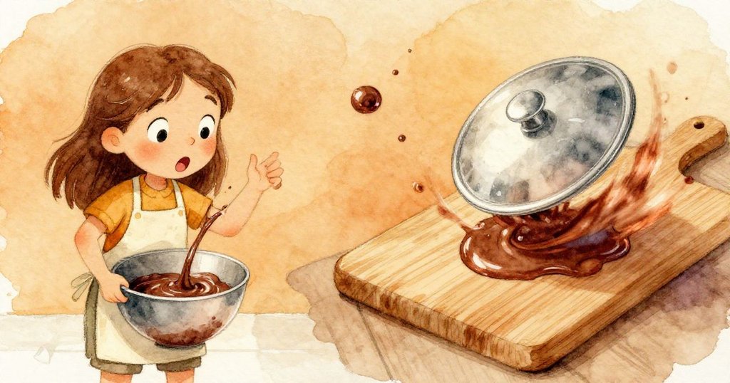 菲伊因巧克力麵糊溢出而驚訝停下動作,左側呈現她驚異的神情,右側則是一個閃閃發光的金屬蓋子在木板上急速旋轉。