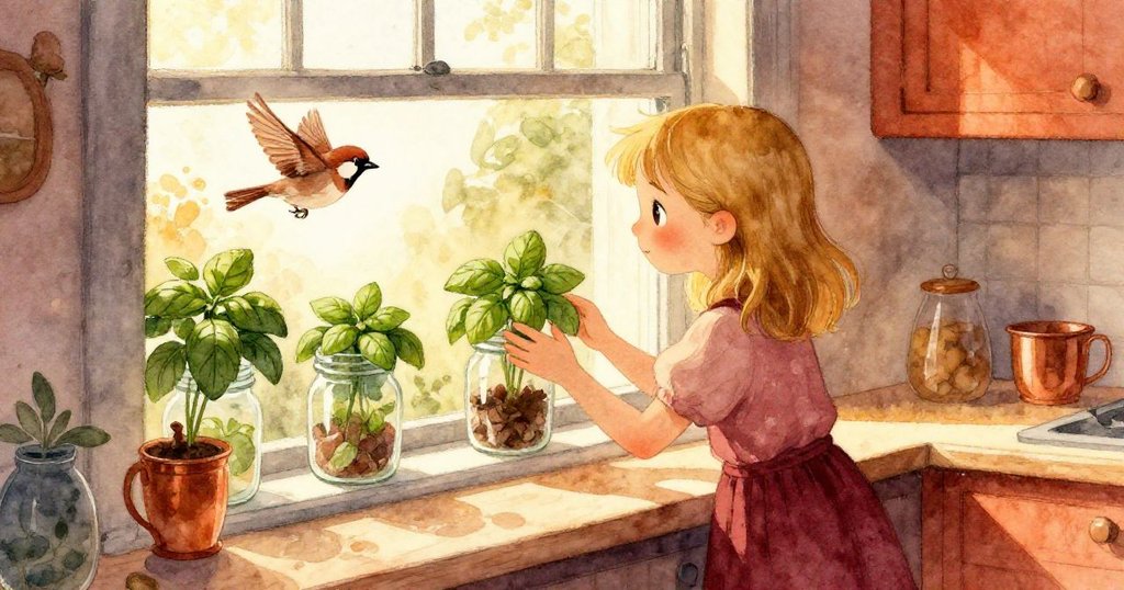 露比站在窗邊細心照料香草瓶,窗外一隻棕色麻雀輕舞飛翔,將細小香草碎屑灑在窗邊,營造出溫馨家園氛圍。