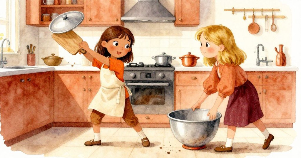 菲伊與露比迅速合作應對突發狀況,露比擺上砧板接住旋轉蓋子,菲伊小心移走碗,兩人臉上流露出決心與笑意。