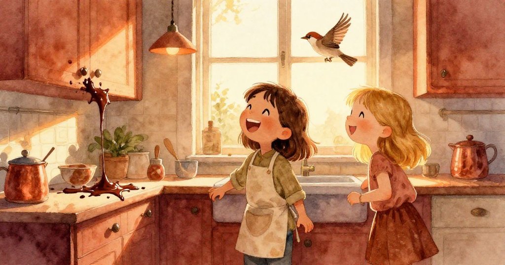 廚房在夕陽的金光下充滿溫暖,菲伊和露比相視而笑,溢出的巧克力麵糊緩緩流向櫥櫃,窗邊一隻棕色麻雀靜靜飛舞,營造出舒心結局。