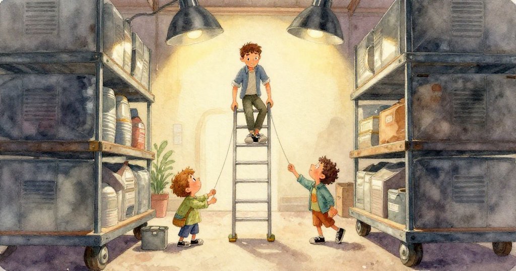 Reed的雙眼特寫充滿專注與期待,他在梯上前進,背景模糊的書架點明他尋找地圖的決心。