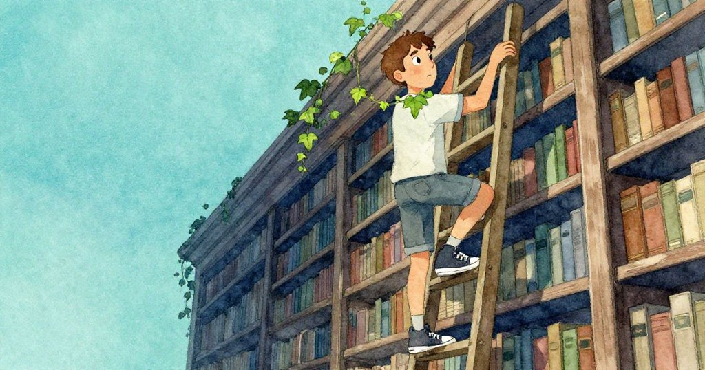 Reed從低角度攀爬梯子,肩邊綠藤意外脫落,動作充滿驚奇與張力,背景書架襯托出圖書館氣氛。