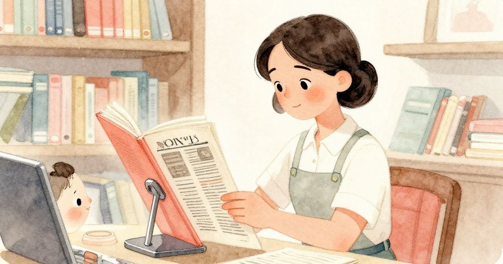 Nina在圖書館中整理期刊,快速推動金屬書擋穩住移動的雜誌架,場景因溫暖光線而顯得懷舊。