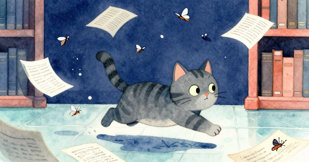 灰色貓咪受藤蔓觸碰驚嚇,迅速躍過瓷磚地面,牽動期刊散落與小蛾飛舞,場面充滿活力與動感。