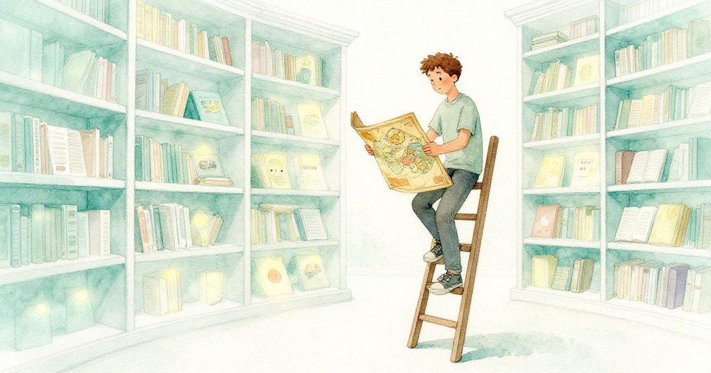 Reed穩穩站於梯上,手持尋獲的老地圖,寧靜圖書館在柔光中展現出結局的平和與安心。