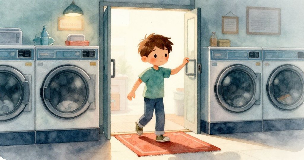 昆恩攜帶硬幣進入洗衣店，踏過捲起的門墊，溫暖光線中展現好奇期待的探索開始。