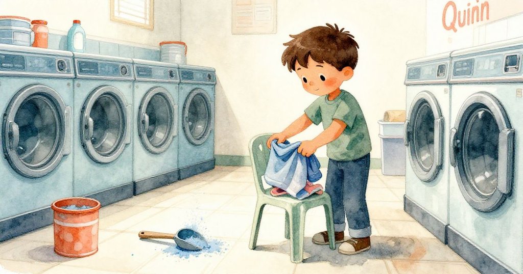 昆恩在洗衣店內將衣物放置塑膠椅上，注意到藍粉匙和位置變動的瓶子，臉上流露出好奇探索的神情。