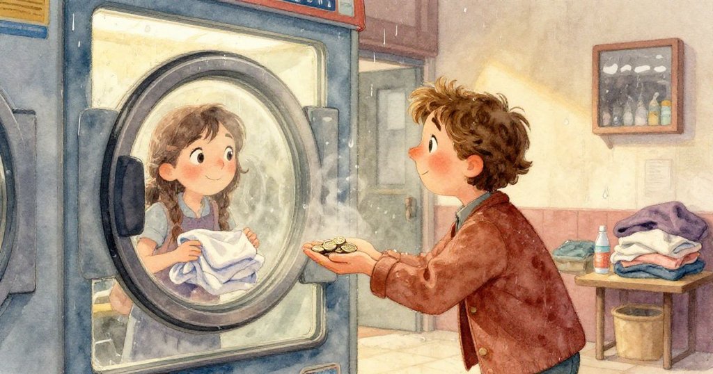 昆恩彎腰擦洗肥皂泡沫，硬幣從袖口滑出在洗衣機後旋轉，細緻展現探索與微妙緊張氛圍。