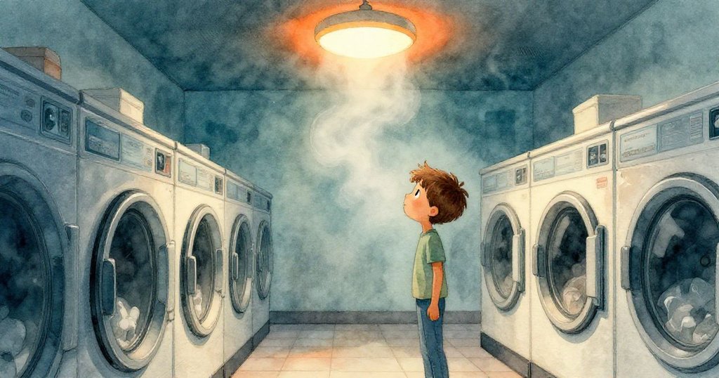 昆恩注視著烘乾機中上升的蒸汽，在天花板燈周圍營造金色光暈，氛圍溫暖且神秘。