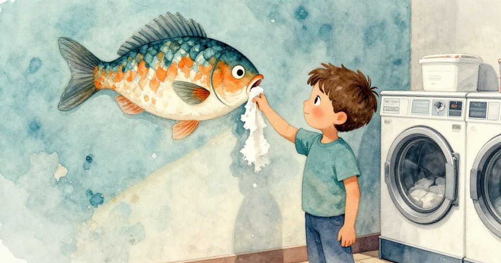 昆恩輕輕刷去墻邊絨毛，揭露出充滿歷史感且色彩斑斕的魚圖，流露出溫馨懷舊的情懷。