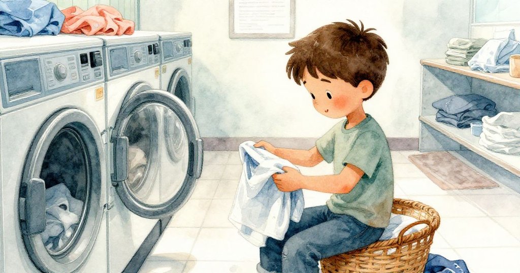 昆恩在洗衣店內靜坐摺衣，臉上流露沉思平和，籃子輕掛在側，背後捲起的門墊訴說著謎樣離別。