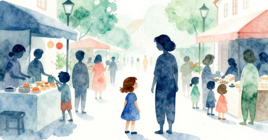 在明亮的市集街道上，Maeve與家人同行，母親陪伴，輪廓清晰，充滿活力與溫暖氛圍。