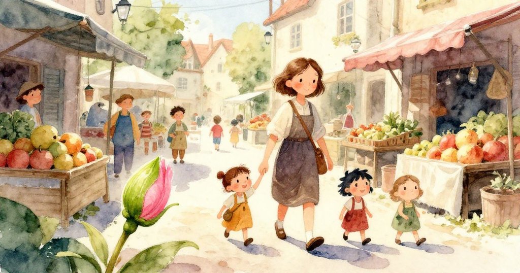 Maeve近距觀察一枝低垂的花苞，綠尖微露粉瓣，旁邊擺放著梨與香蕉，象徵希望與生機。