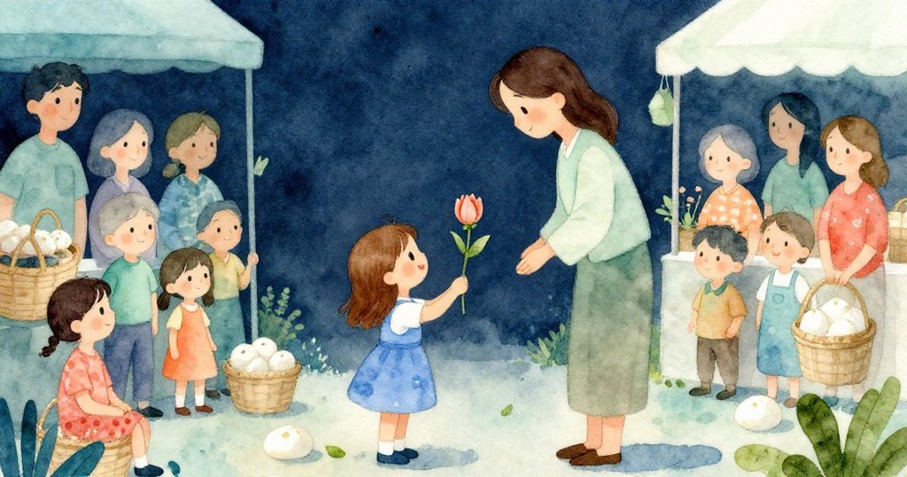 Maeve與母親站在花苞徐展與麵團上升之處，家人圍籃觀賞，畫面洋溢著期待與親情。