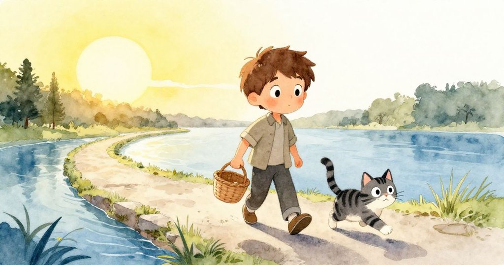 Ned 與條紋貓在河邊小徑上行走，晨光溫柔灑落，兩者充滿期待與好奇展開冒險。