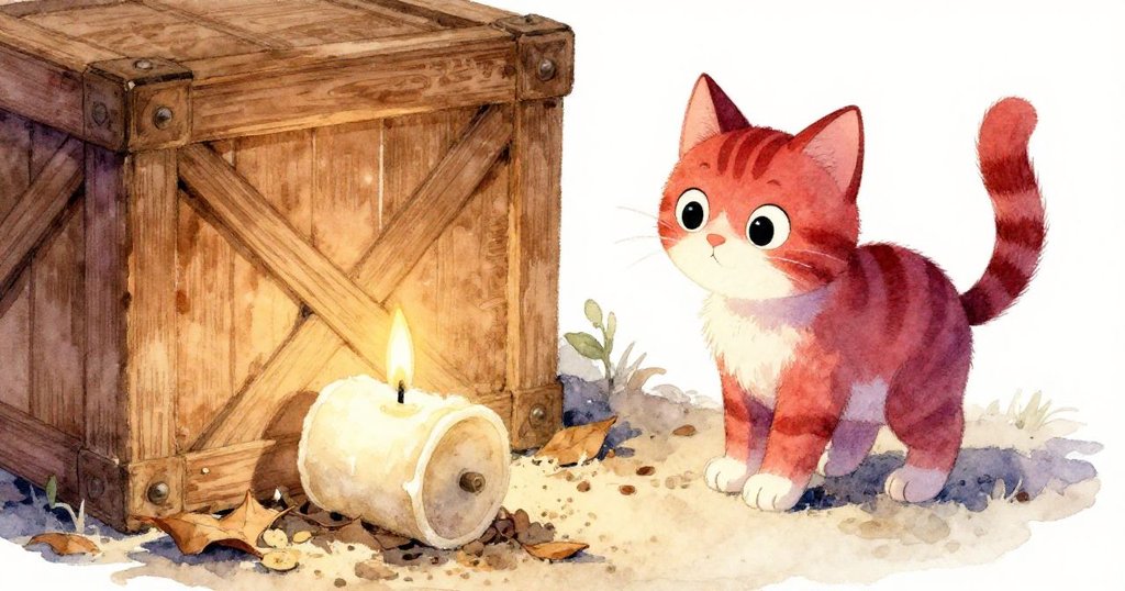 Ned 注意到滾動的古燭，條紋貓專注凝視著落葉間的蠟燭與舊木箱，細節豐富呈現探險氣息。