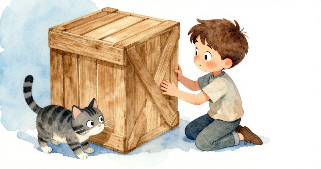 Ned 俯身在木箱旁輕敲，條紋貓好奇嗅聞，畫面由高處俯視呈現探索中的驚奇與柔和情感。