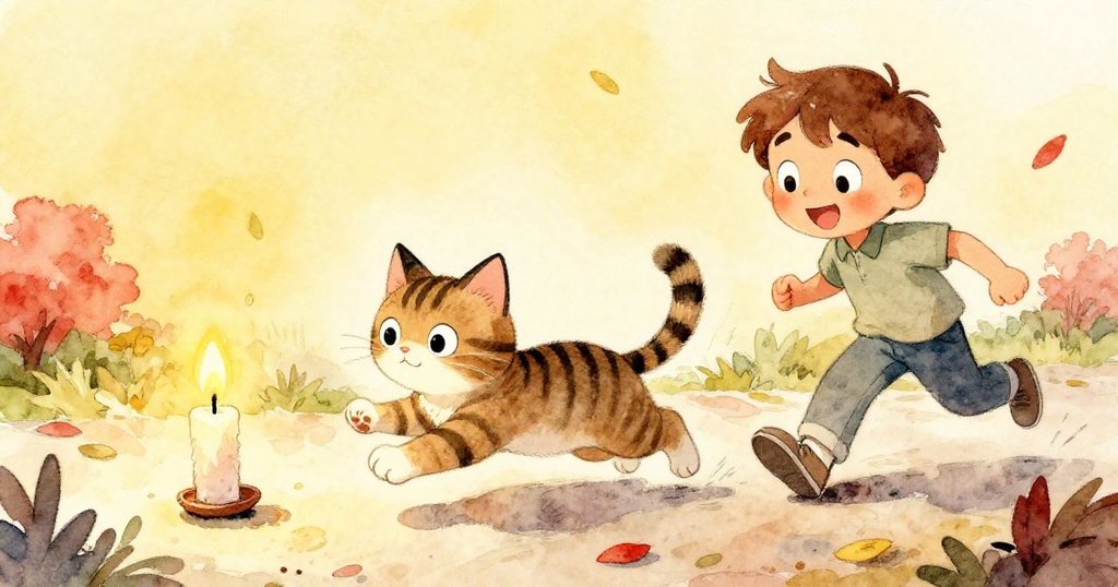條紋貓快樂追逐滾動的蠟燭，Ned 微笑著跟隨，落葉點綴小徑展現活潑互動與愉悅心情。