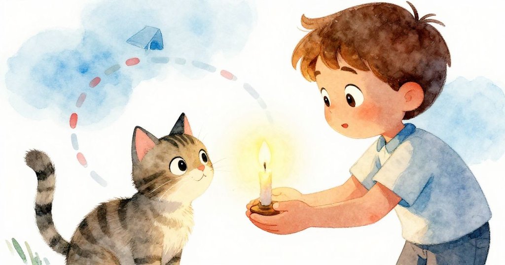 Ned 輕伸手將微光蠟燭遞予條紋貓，兩者互視溫柔微笑，隱藏小徑背景中充滿冒險與信任。