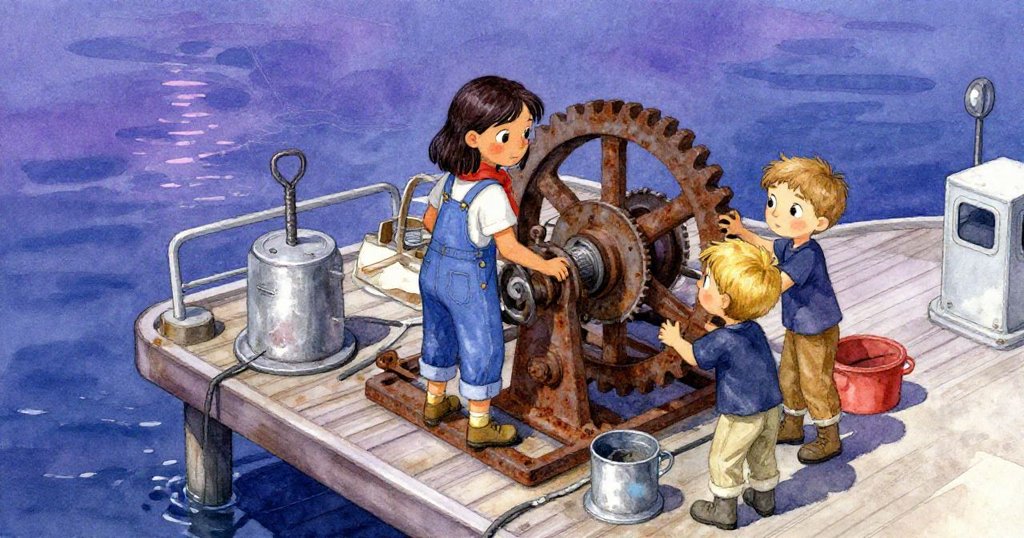 在晨光中,Mae和Eli在修理碼頭上努力工作,海潮與設備交織,充滿決心與動感。