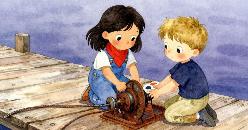 Mae和Eli在潮濕的木板上穩步前行,手足動作細膩,展現努力與專注的氛圍。