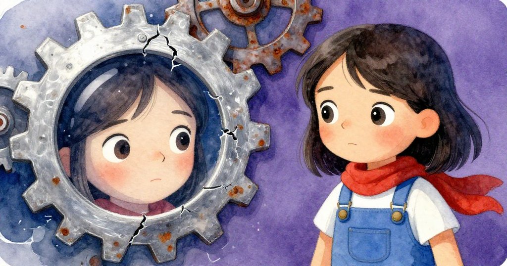 Mae專注地操作生鏽齒輪,其倒影在水面上閃現,呈現奮鬥與希望的細微情感。