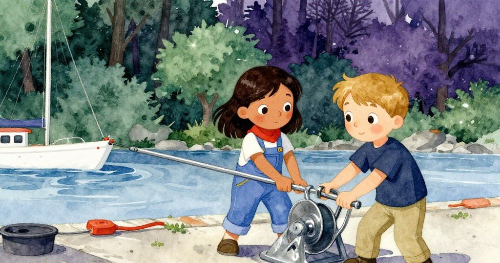 在晨光下,Mae與Eli於開放戶外環境中調整繩索,背景為深綠森林與閃光水面,充滿協作精神。